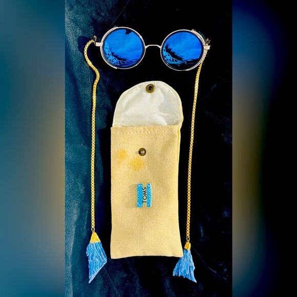 Toms Steampunk Gold Chain Sunglasses – Unique Mirrored Blue Rave Festival Style - Picture 1 of 5